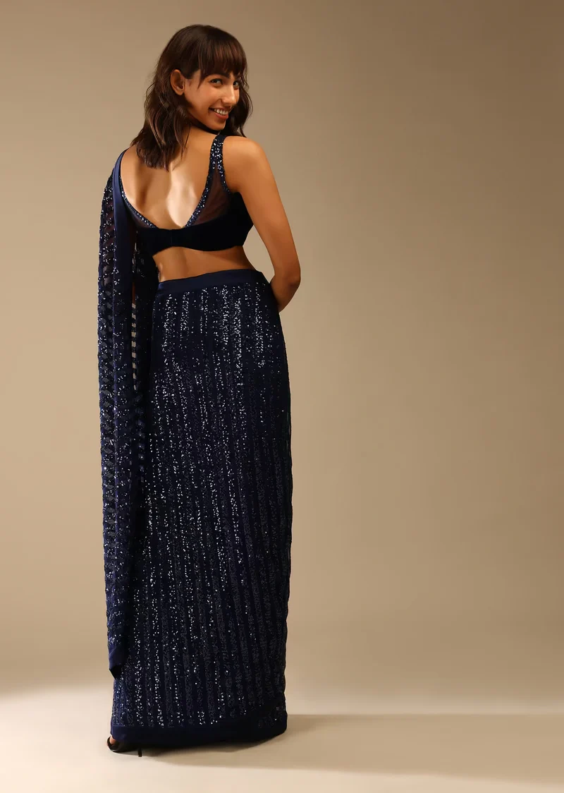 Midnight Blue Ready-To-Wear Sequins Saree With Velvet Blouse - Image 4
