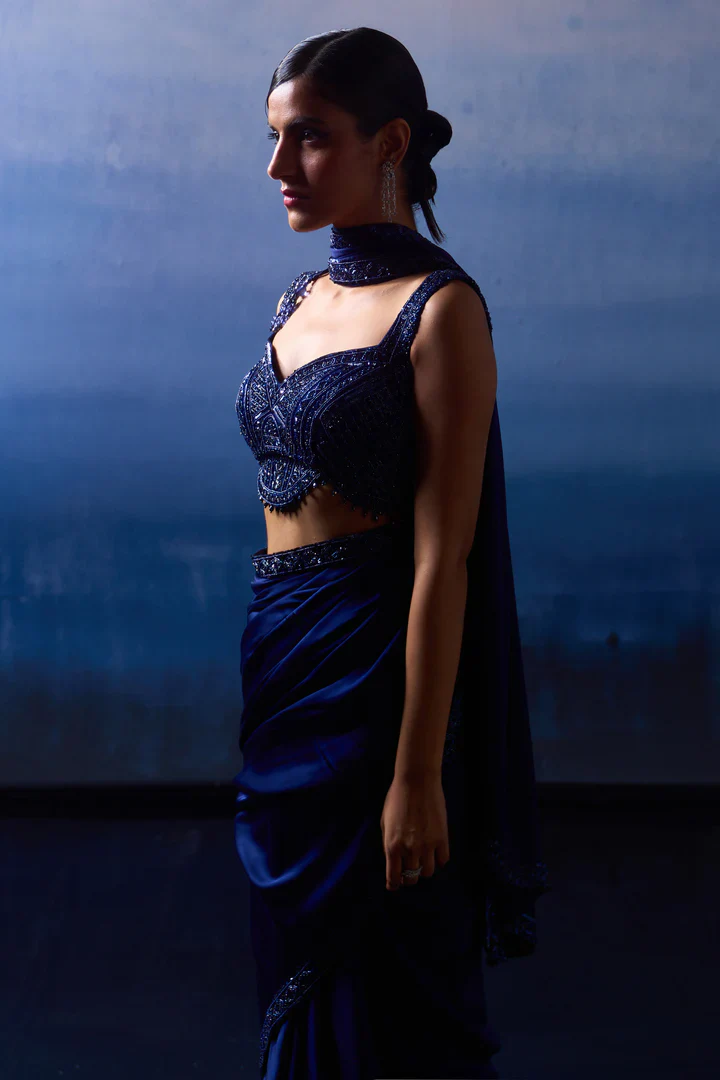 Midnight Blue Satin Saree - Image 2