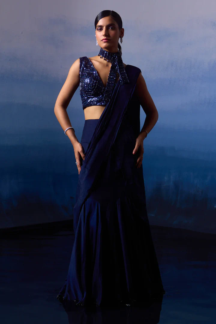 Midnight Blue Silk Drape Saree - Image 2