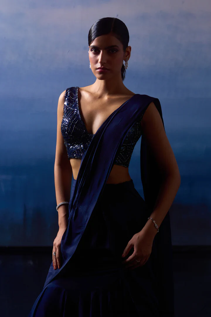 Midnight Blue Silk Drape Saree - Image 3