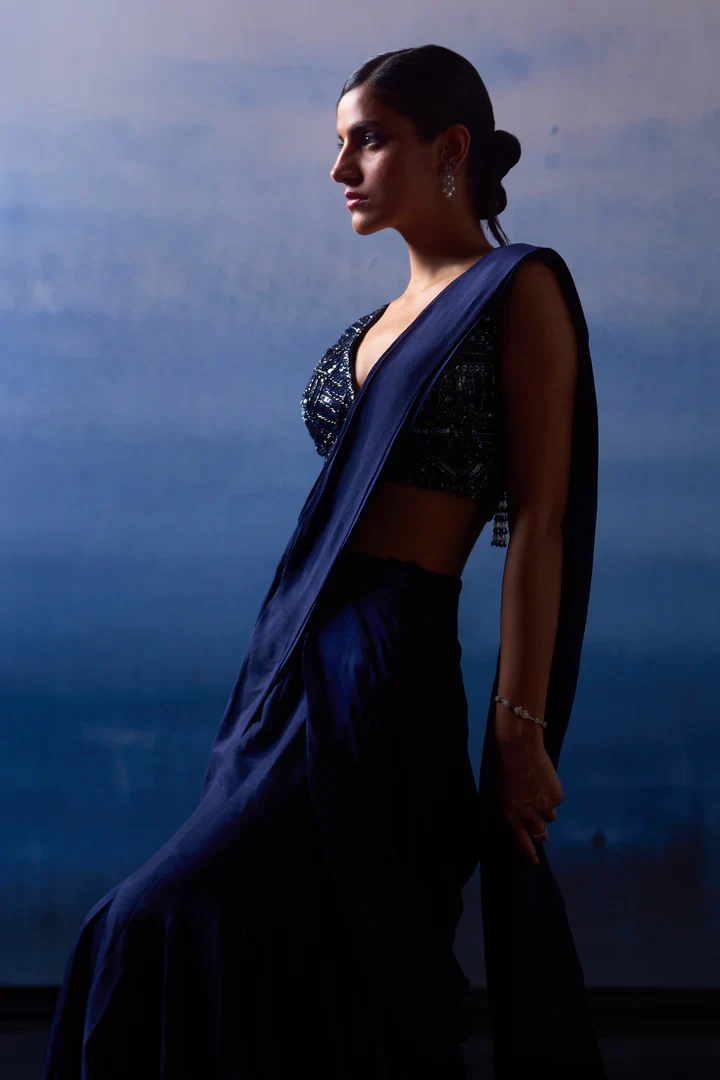 Midnight Blue Silk Drape Saree - Image 4