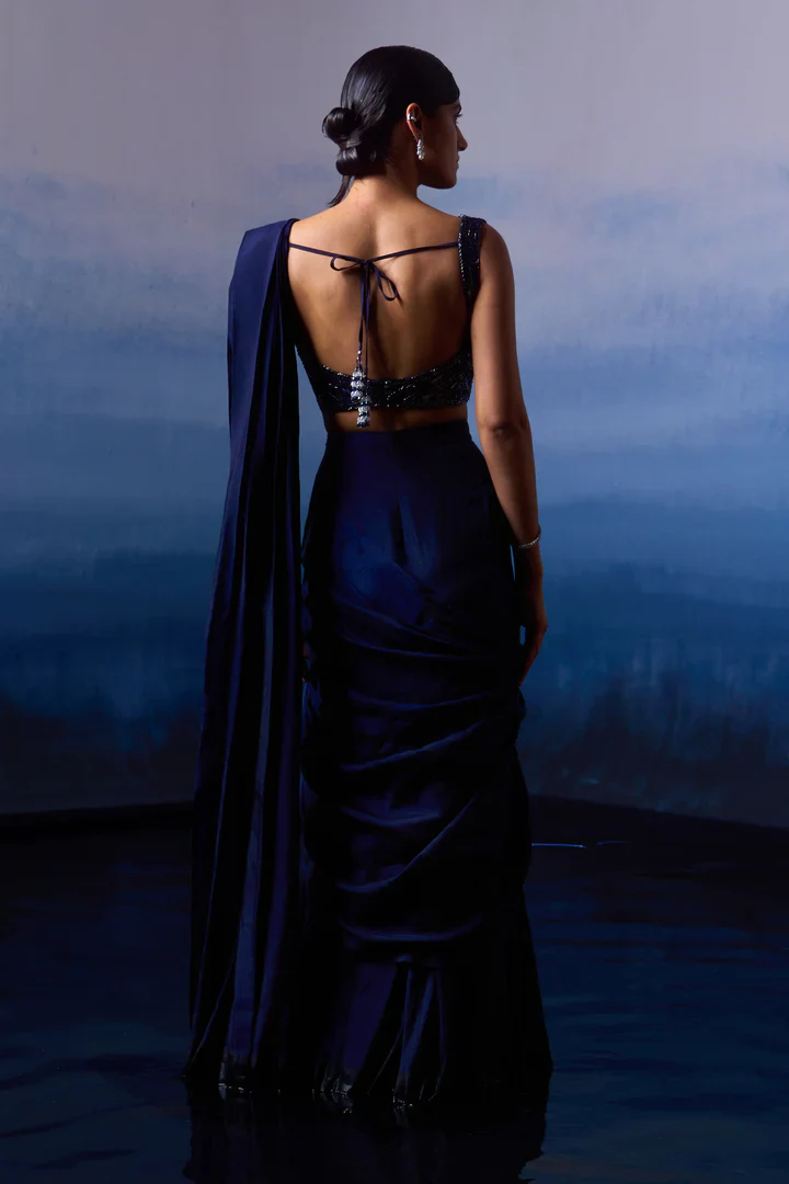 Midnight Blue Silk Drape Saree - Image 5