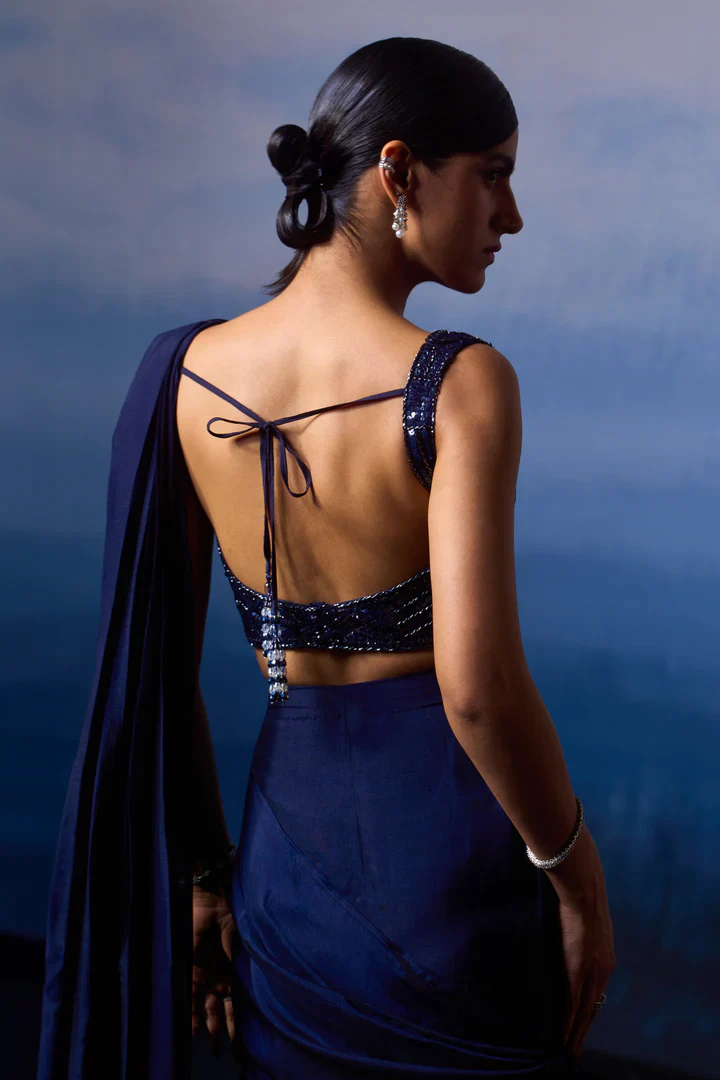 Midnight Blue Silk Drape Saree - Image 6