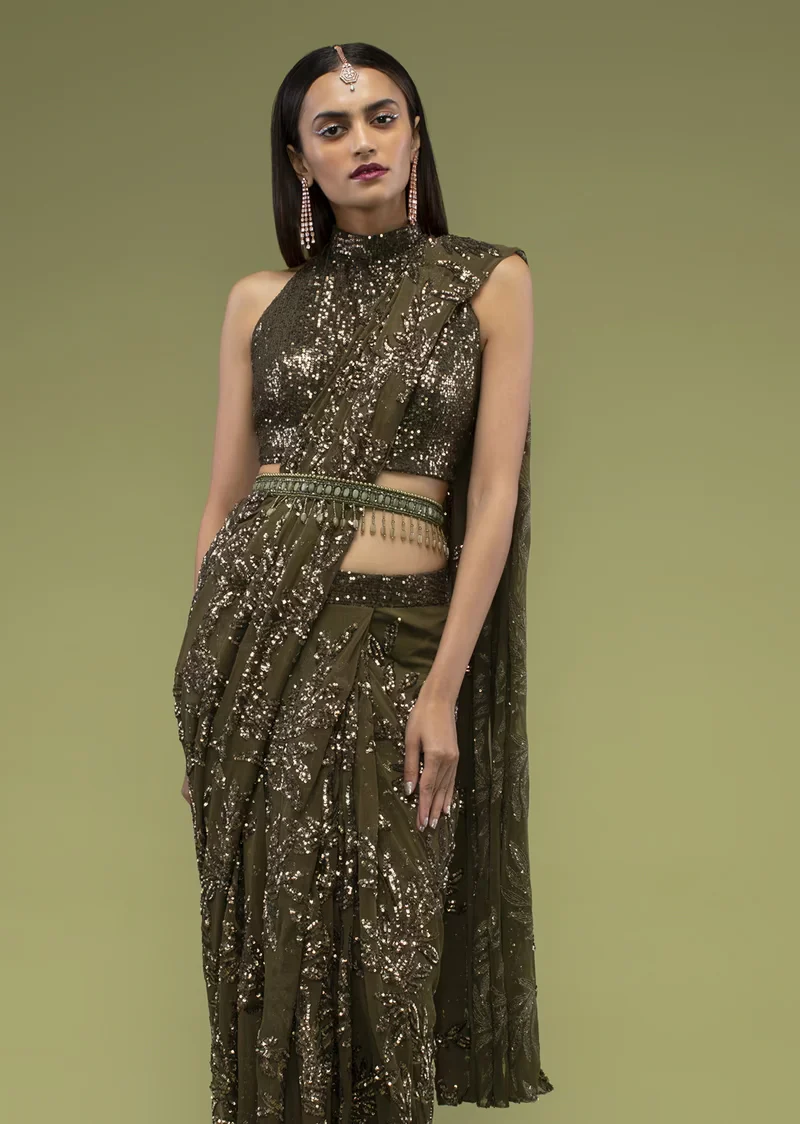 Military Olive Ready Pleated Saree In Sequins Embroidery, Crafted In Net With Side Zip Closure - Image 2