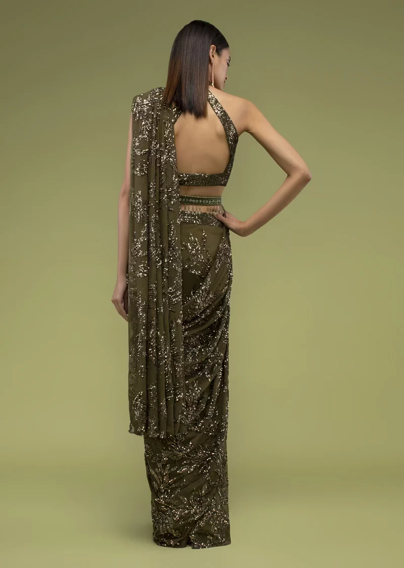 Military Olive Ready Pleated Saree In Sequins Embroidery, Crafted In Net With Side Zip Closure - Image 3