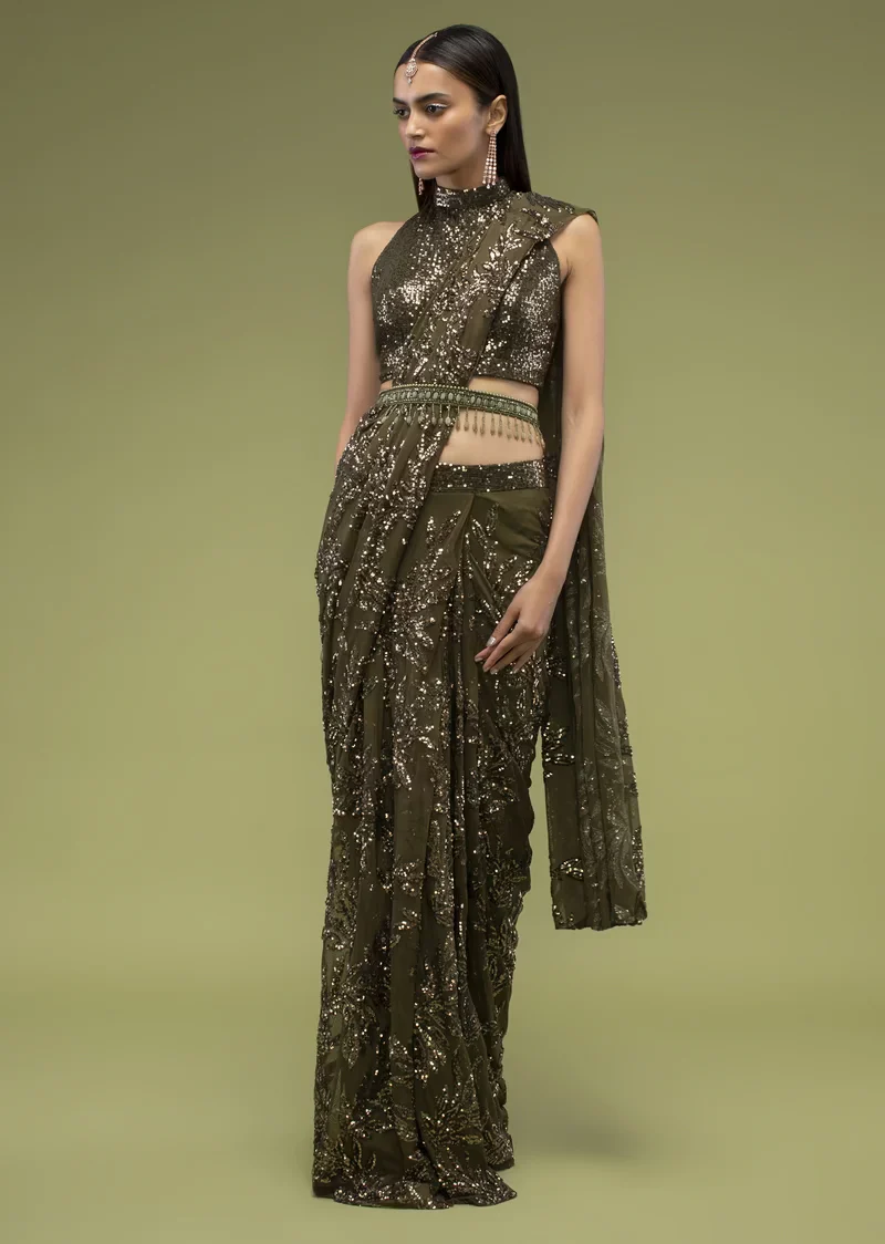Military Olive Ready Pleated Saree In Sequins Embroidery, Crafted In Net With Side Zip Closure - Image 4