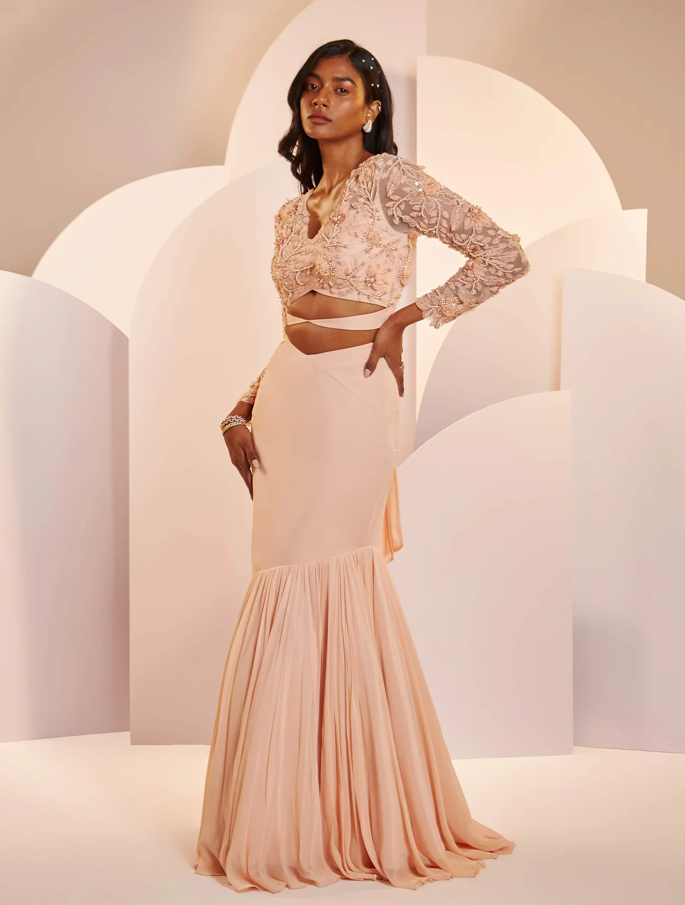 MINDY - Light Peach Fishtail Georgette Skirt - Image 3