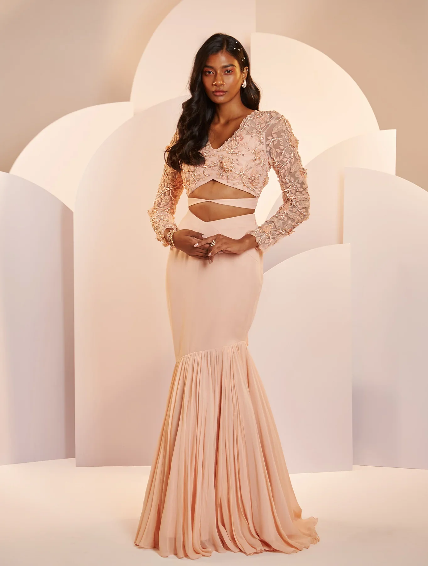 MINDY - Light Peach Fishtail Georgette Skirt - Image 4