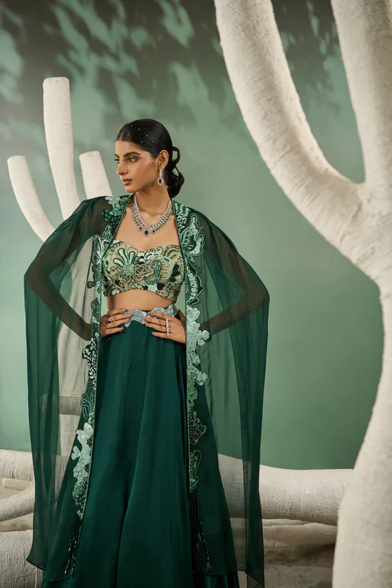 Mint & Dark Green Applique Lehenga - Image 2