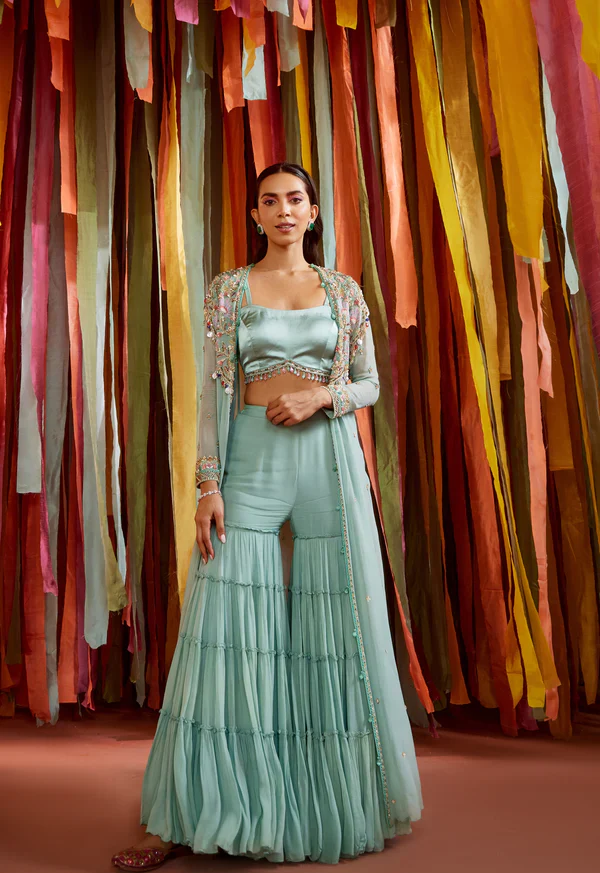 Mint Green Cape and Sharara Set