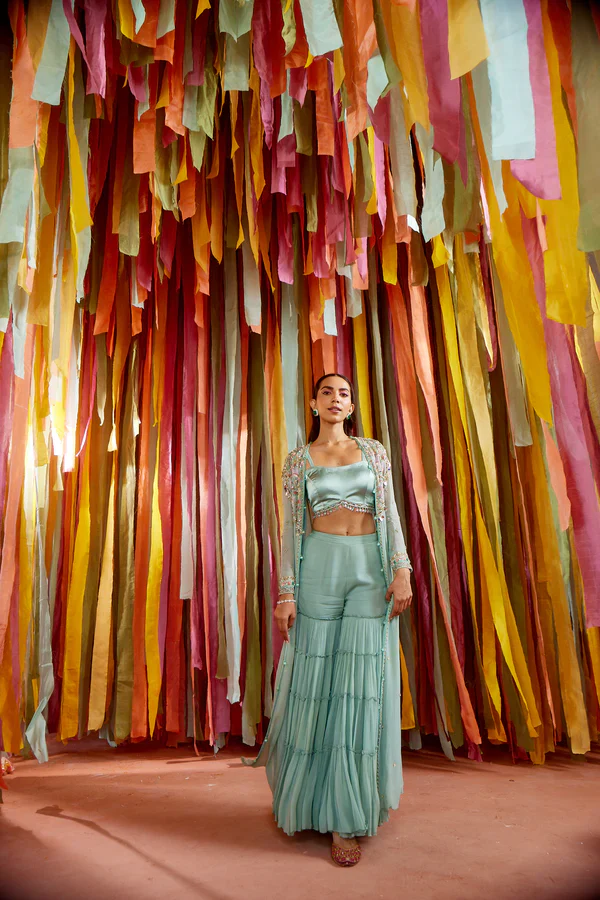 Mint Green Cape and Sharara Set - Image 3
