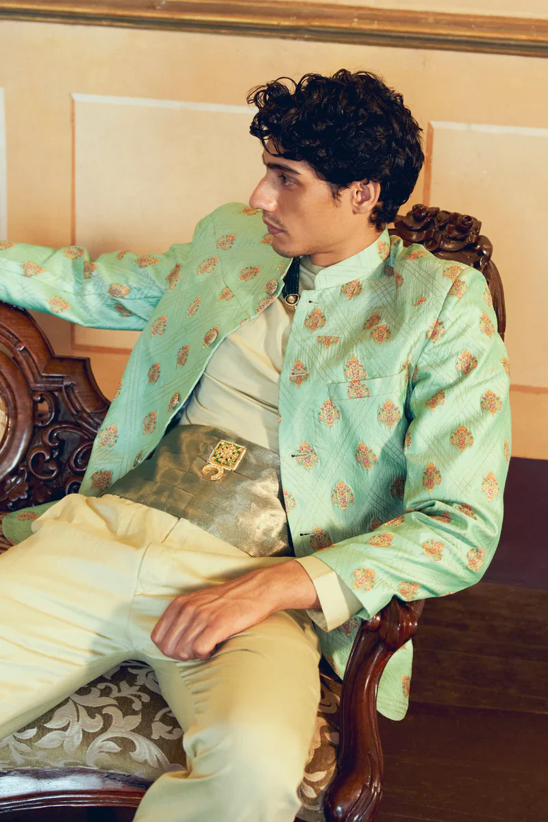 Mint Green Jacquard Banarasi Men's Jacket Set - Image 3