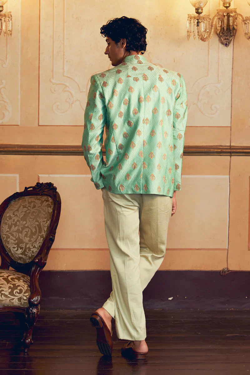Mint Green Jacquard Banarasi Men's Jacket Set - Image 4