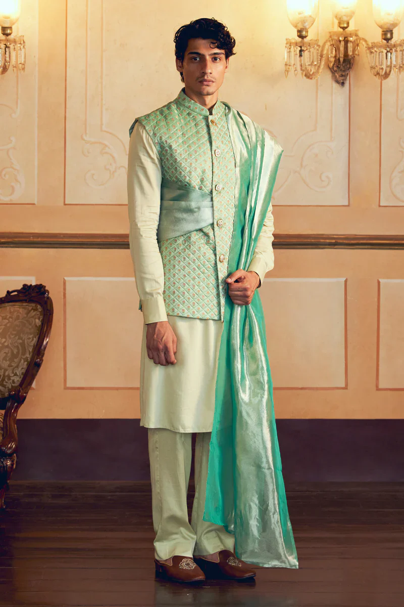 Mint Green Jacquard Banarasi men's jacket set - Image 3