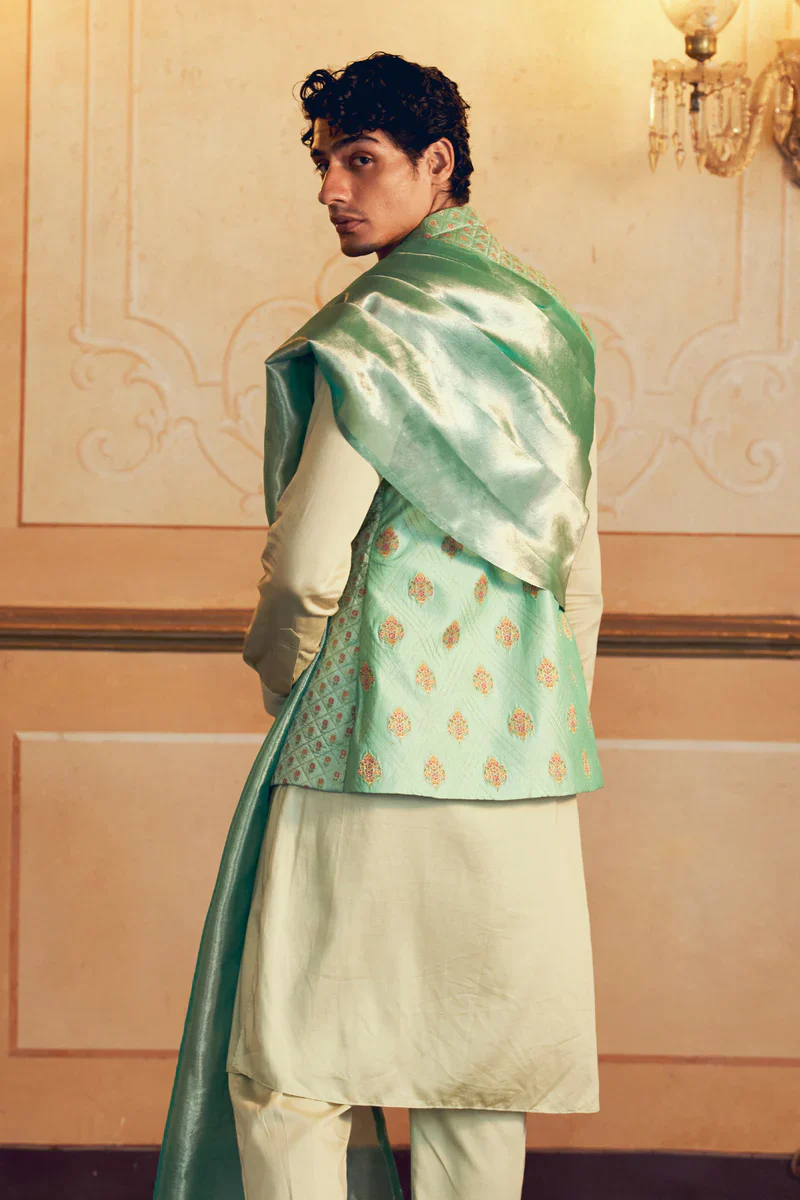 Mint Green Jacquard Banarasi men's jacket set - Image 4