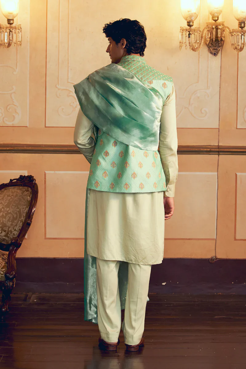 Mint Green Jacquard Banarasi men's jacket set - Image 5