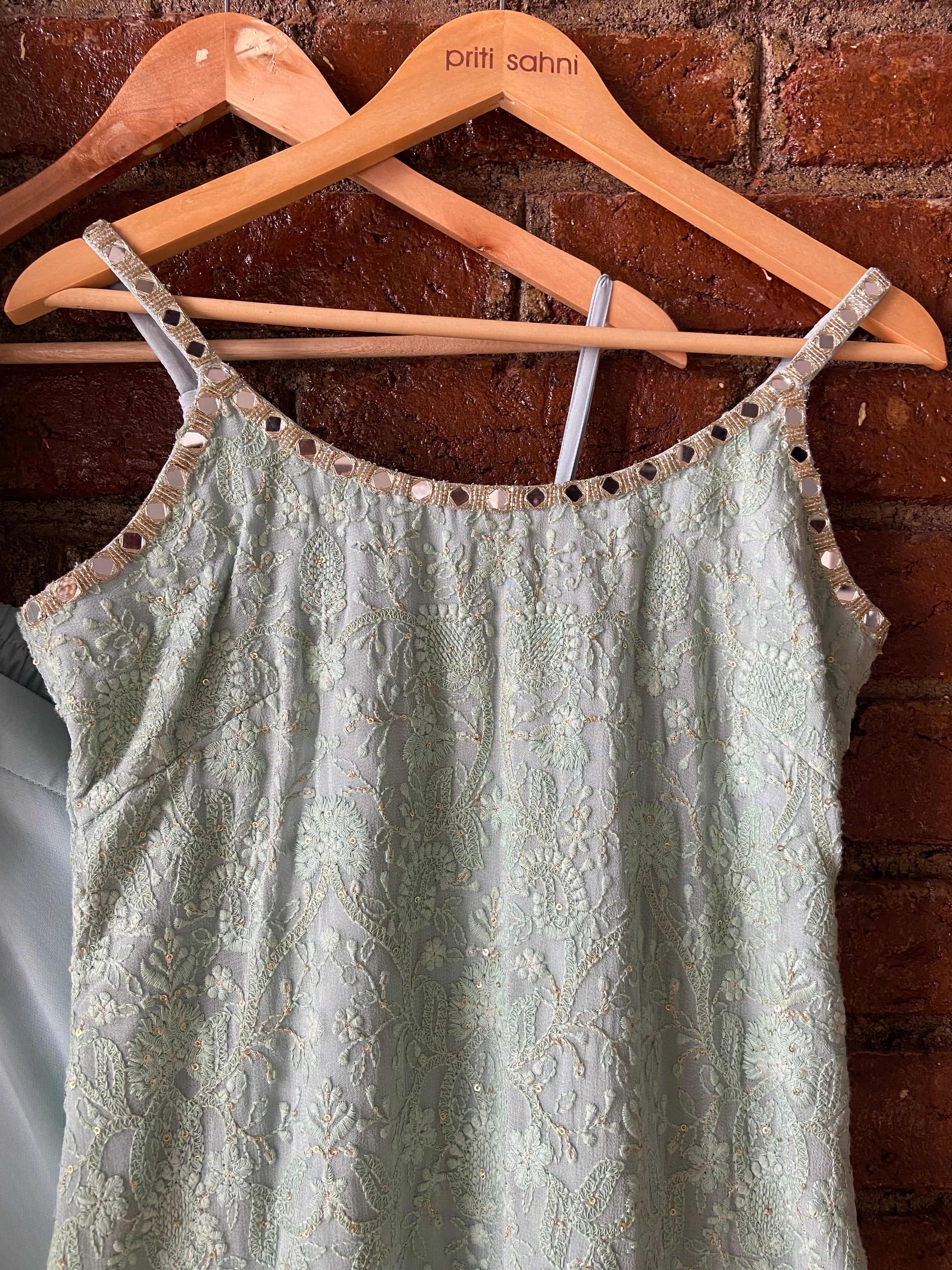 Mint Green Thread And Mirror Work Kurta And Sharara Set - Image 2