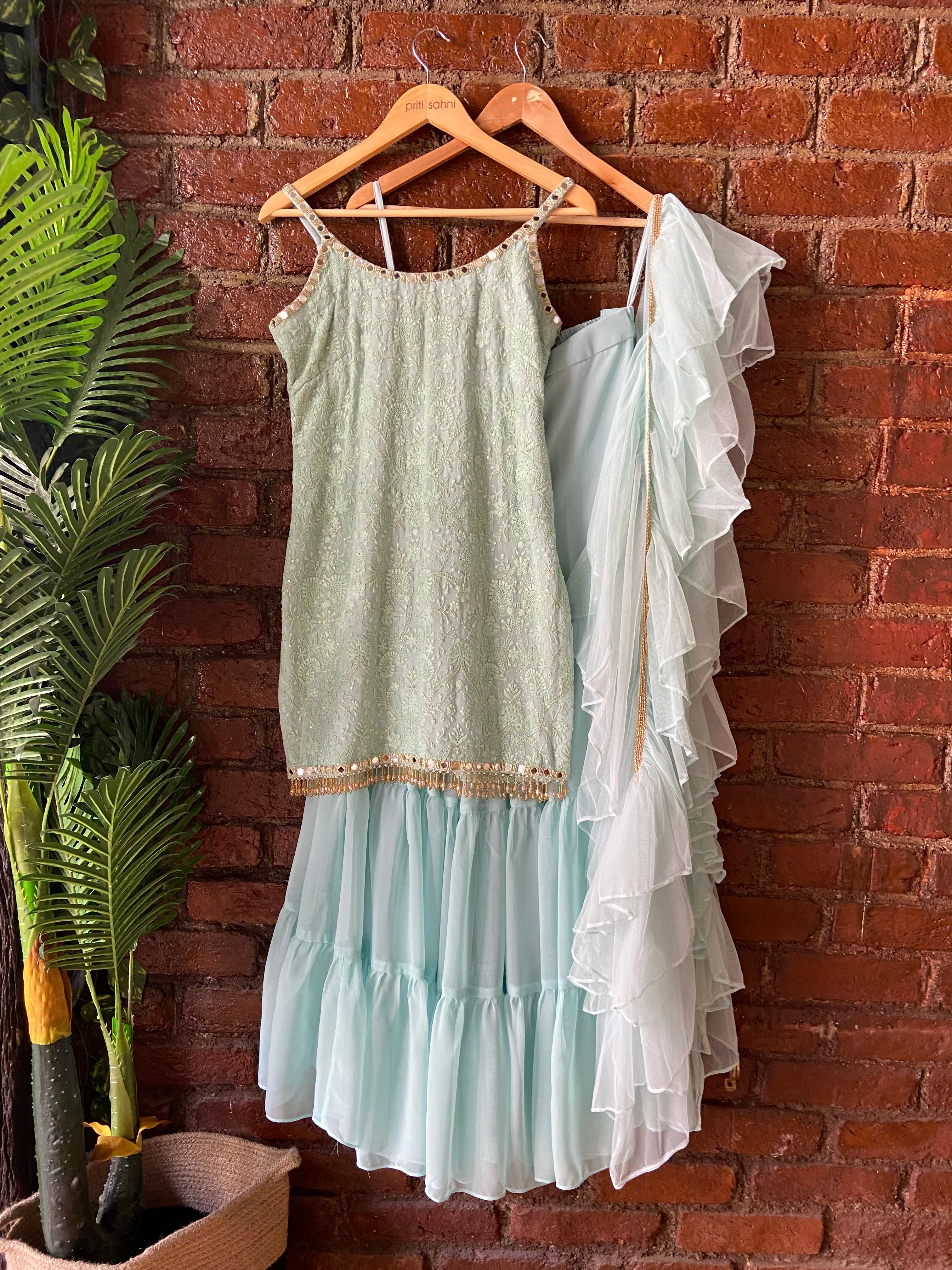 Mint Green Thread And Mirror Work Kurta And Sharara Set - Image 3