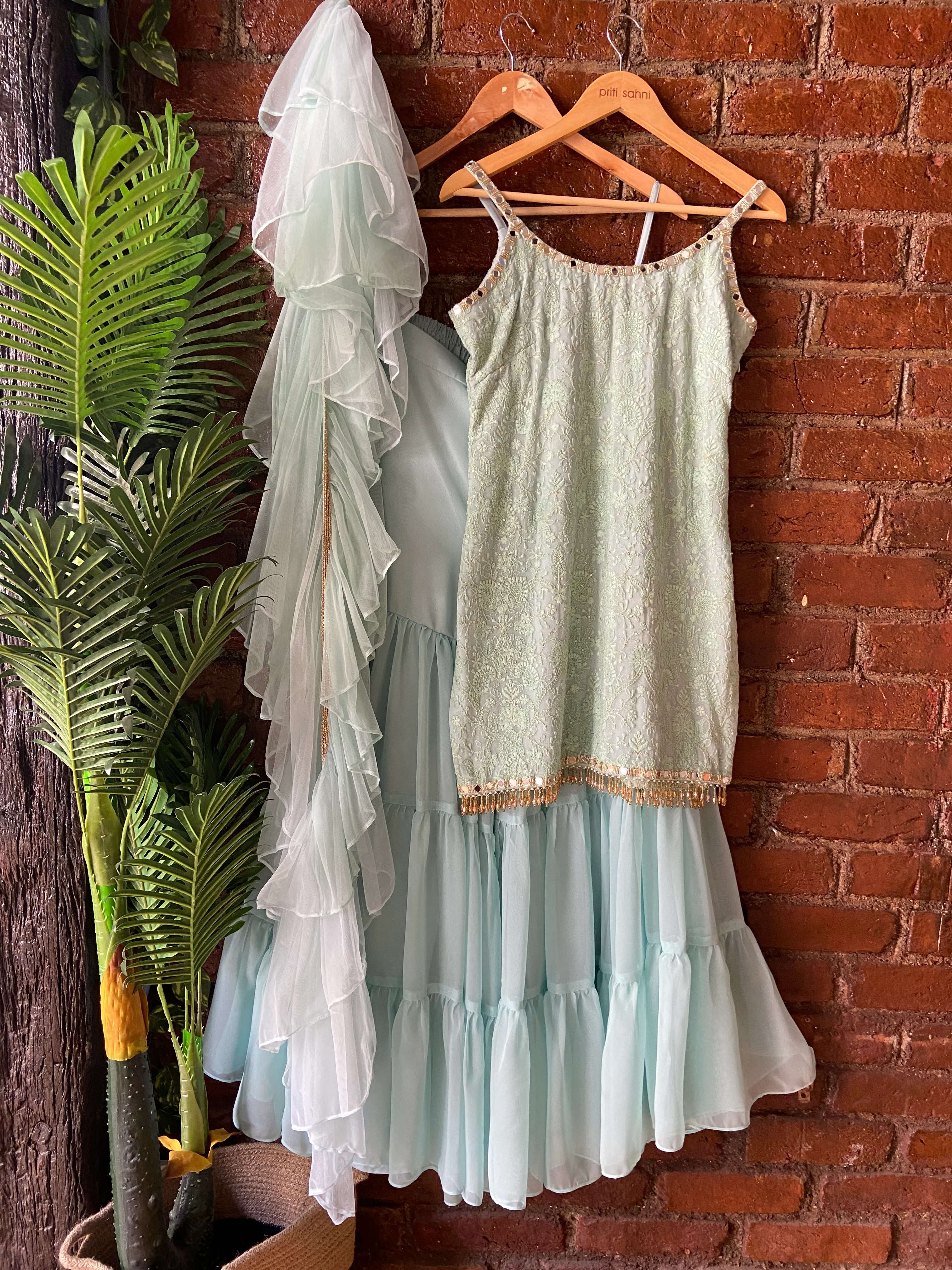 Mint Green Thread And Mirror Work Kurta And Sharara Set - Image 4