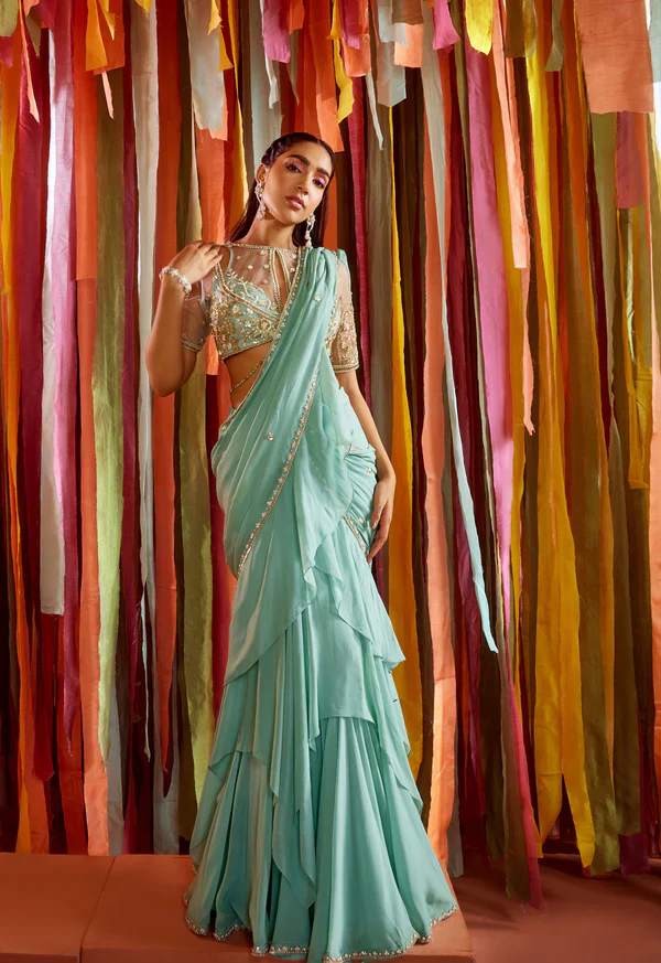 Mint Green Tiered Ruffle Saree