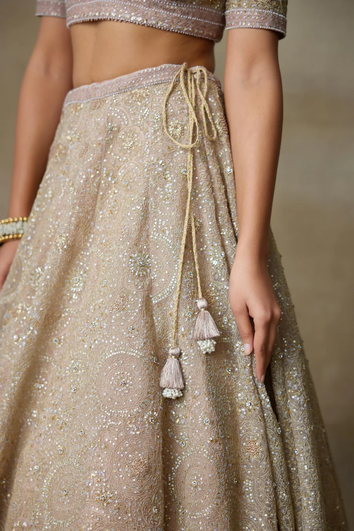 MOONSET - Silk Organza Rose And Nude Colour Lehenga - Image 4