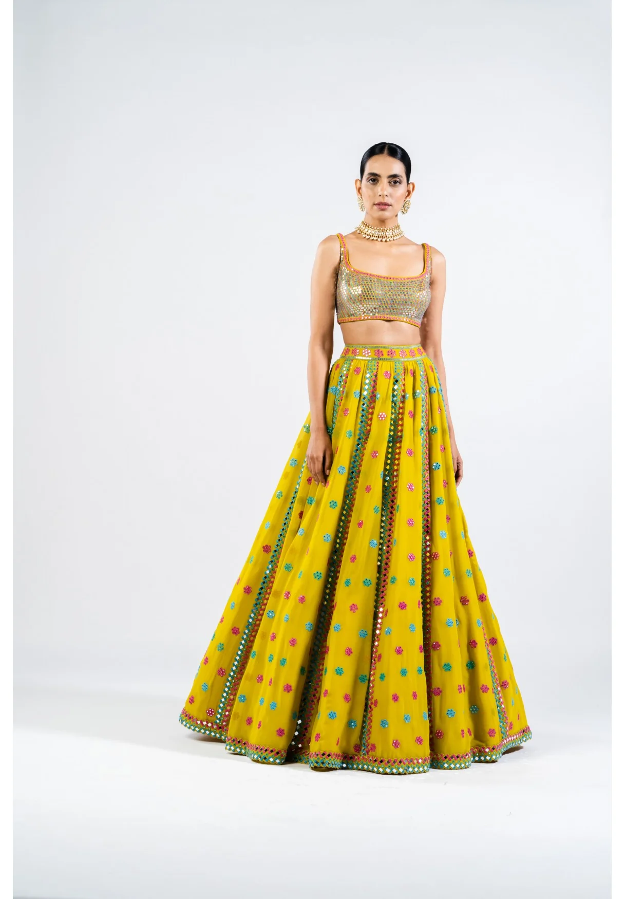 Moss Green Flower Lehenga Set With Metallic Blouse