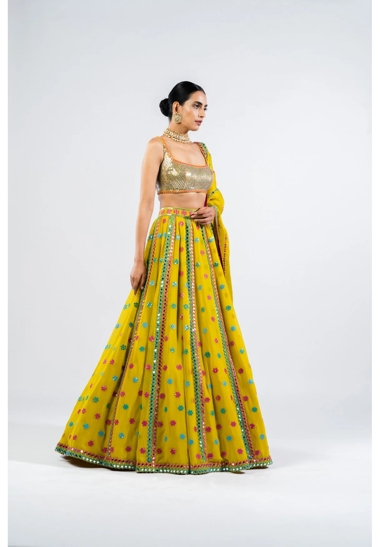 Moss Green Flower Lehenga Set With Metallic Blouse - Image 2