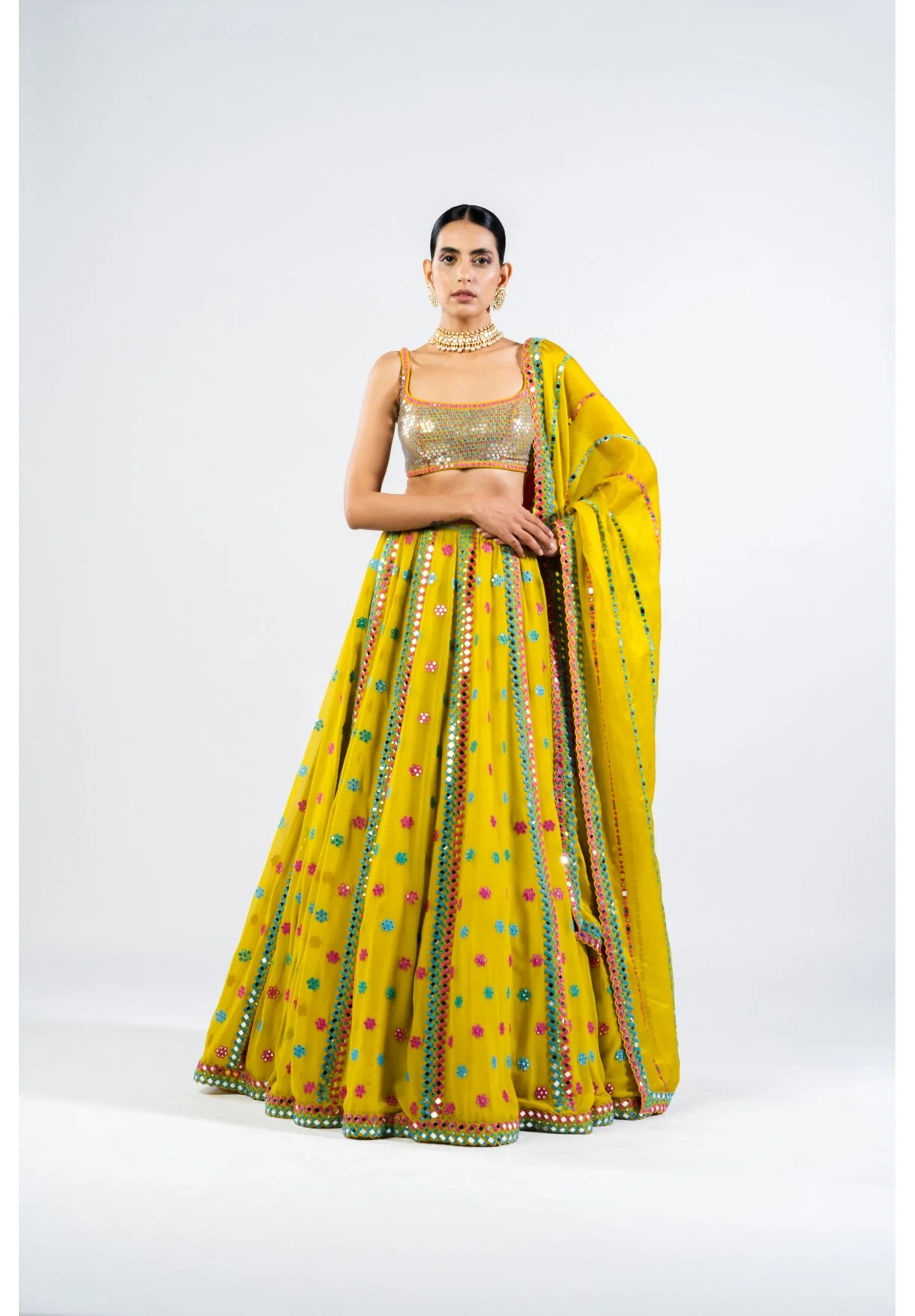 Moss Green Flower Lehenga Set With Metallic Blouse - Image 3
