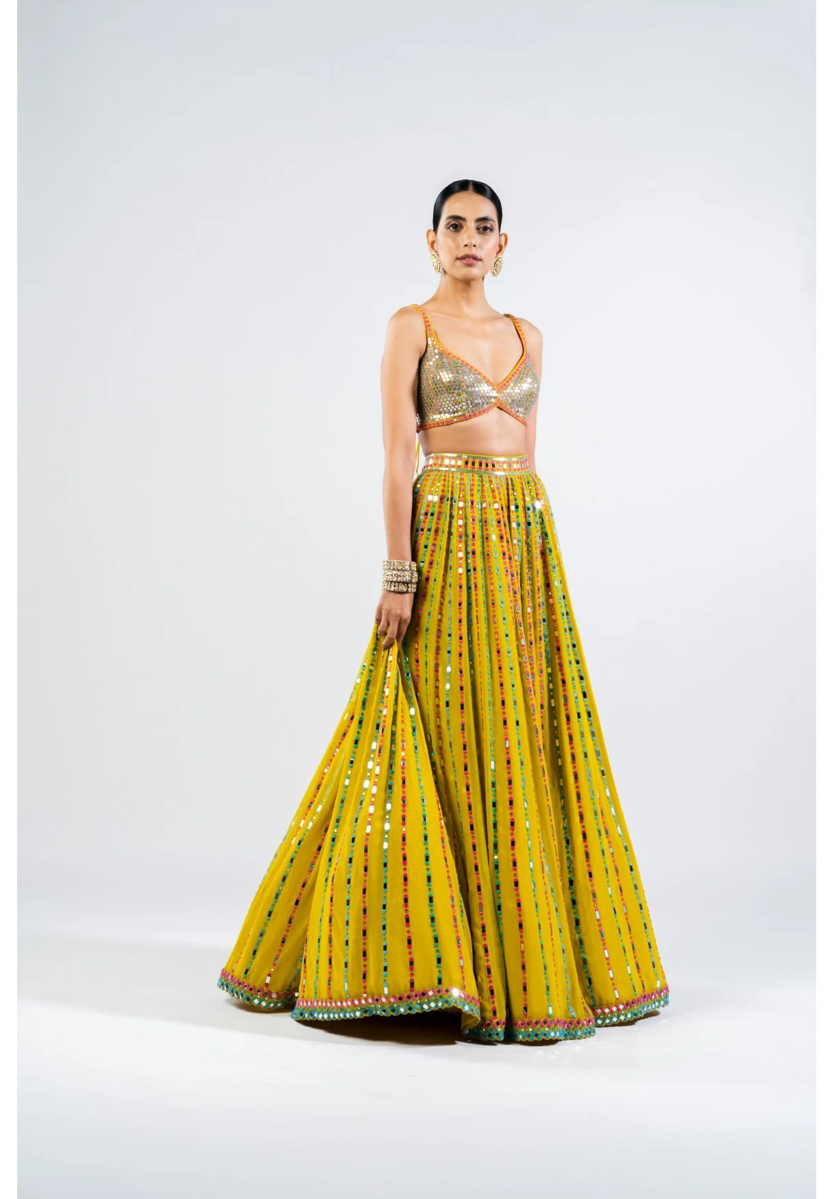 Moss Green Linear Drop Lehenga With Metallic Blouse