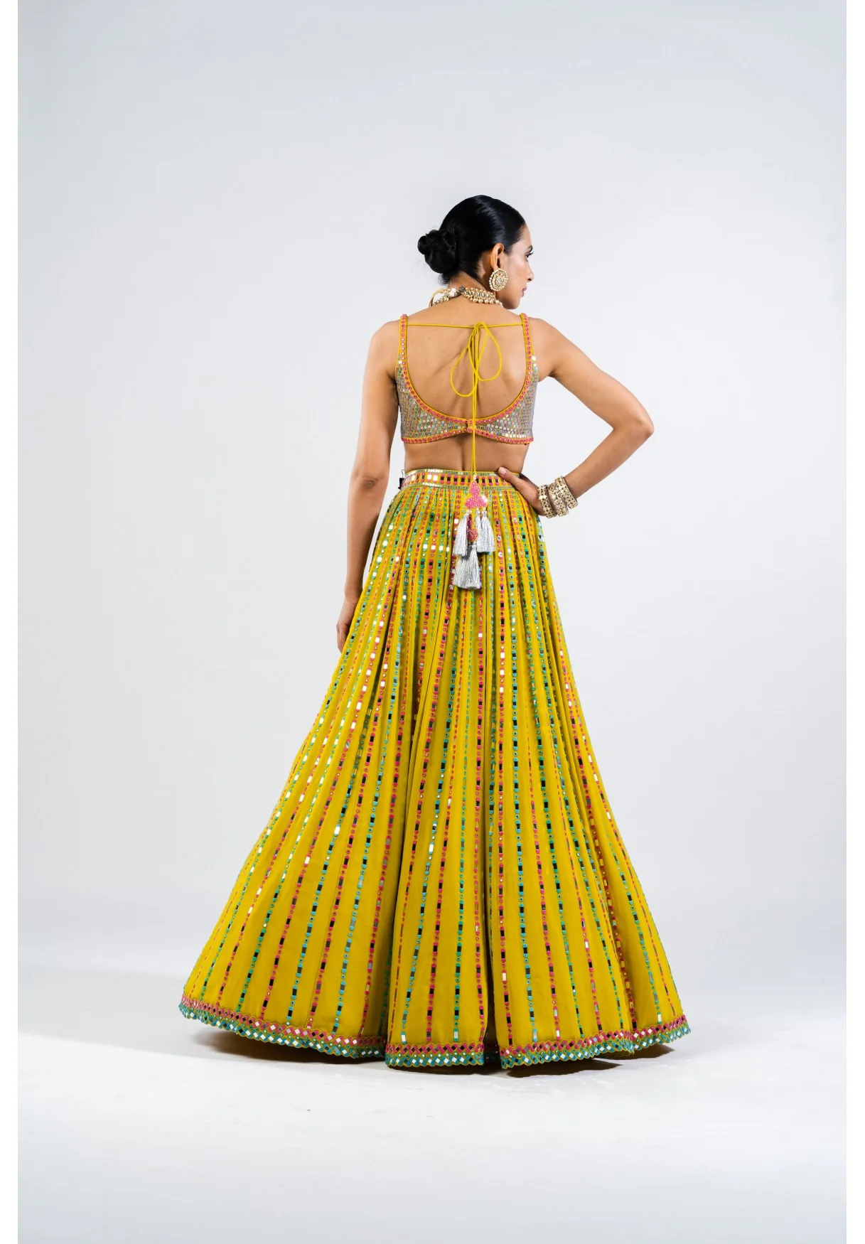 Moss Green Linear Drop Lehenga With Metallic Blouse - Image 2