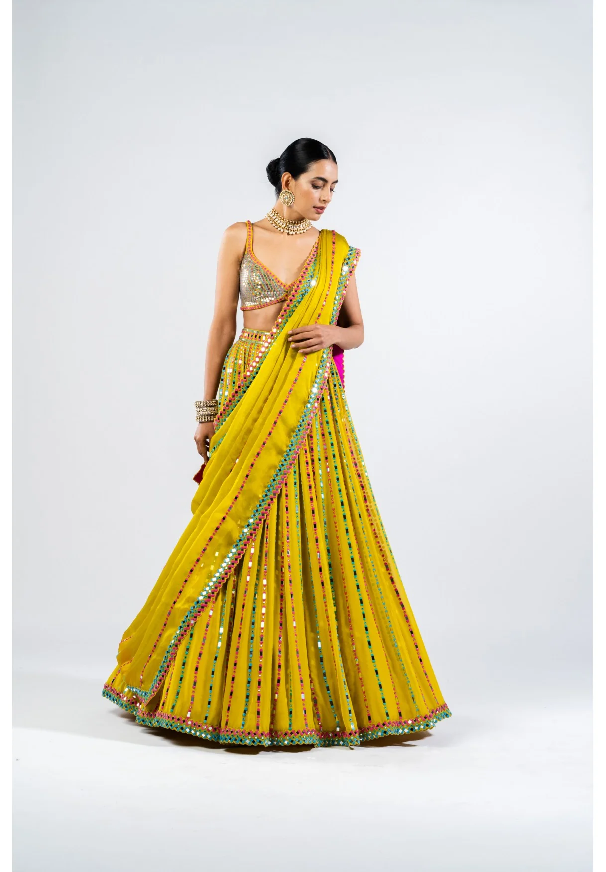 Moss Green Linear Drop Lehenga With Metallic Blouse - Image 3