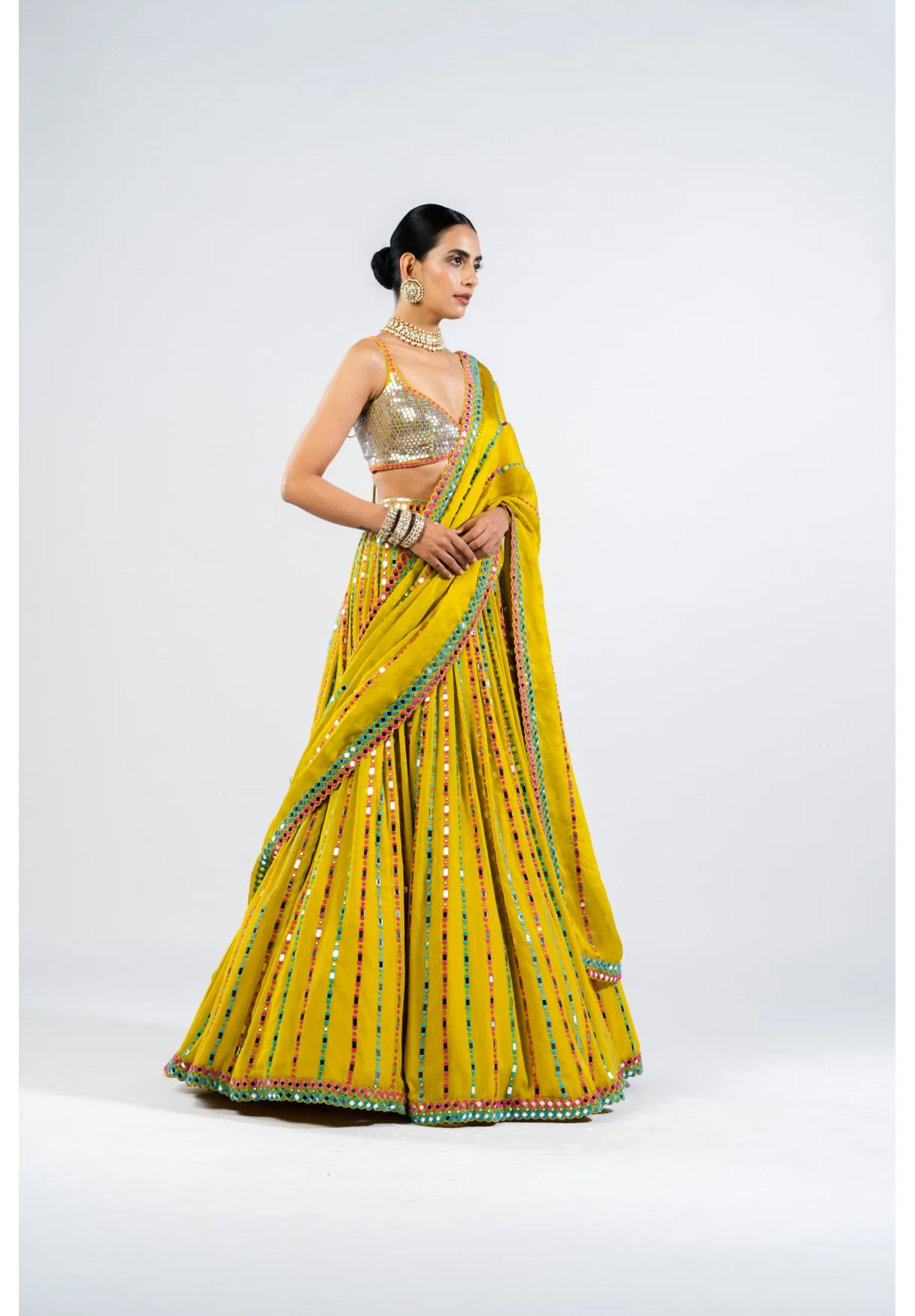 Moss Green Linear Drop Lehenga With Metallic Blouse - Image 4