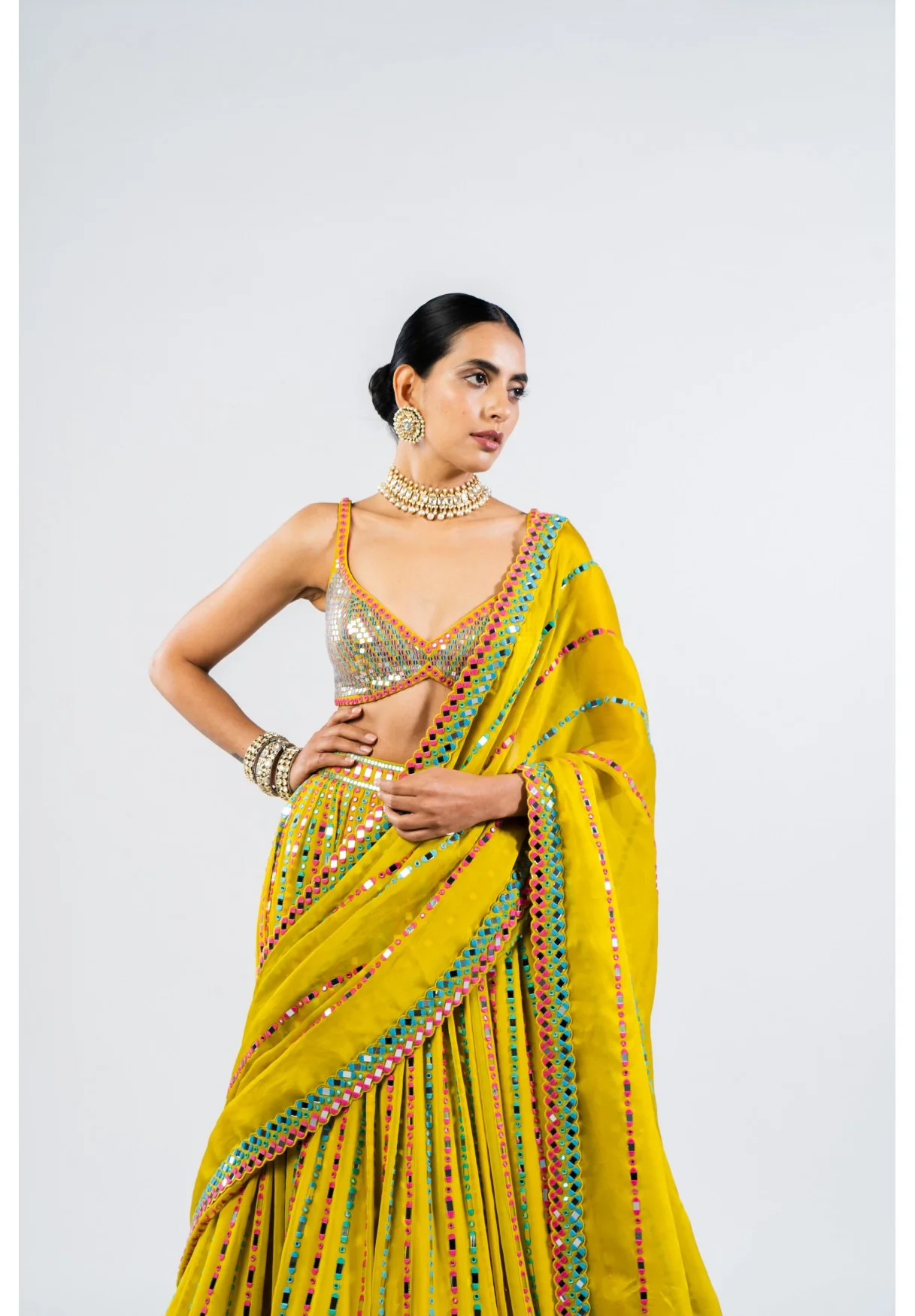 Moss Green Linear Drop Lehenga With Metallic Blouse - Image 5