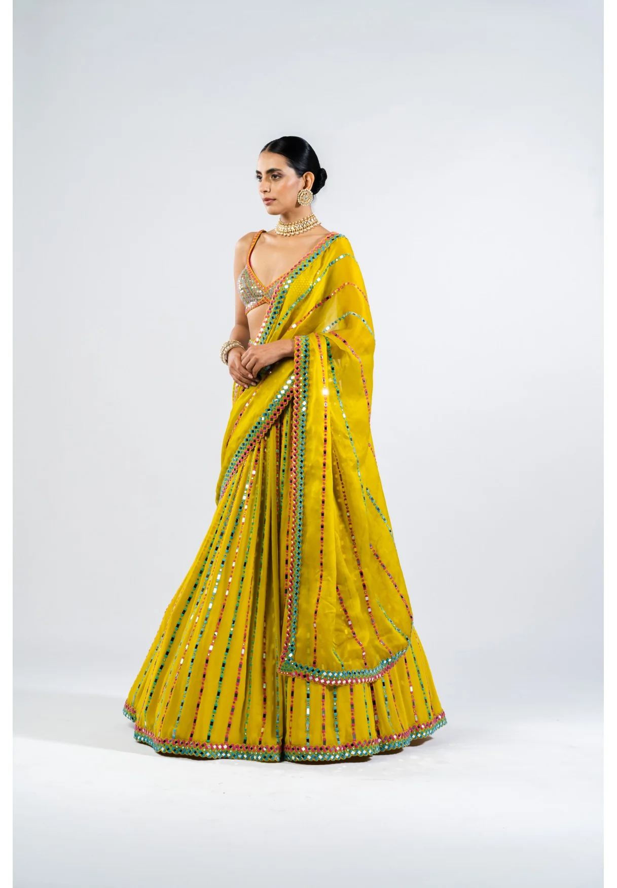 Moss Green Linear Drop Lehenga With Metallic Blouse - Image 6