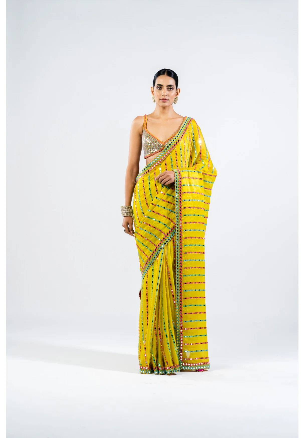 Moss Green Mirror Saree With Metallic Blouse