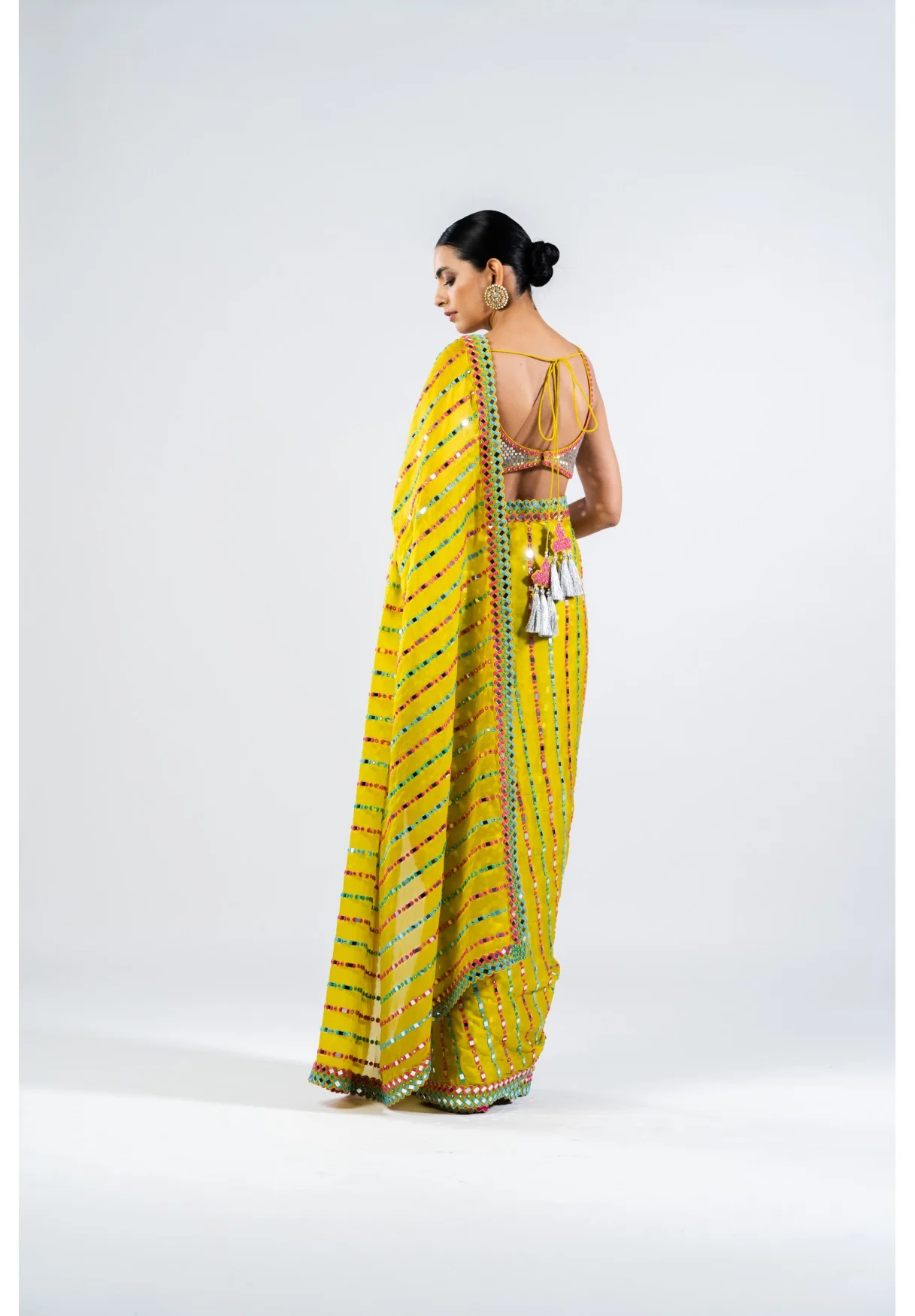Moss Green Mirror Saree With Metallic Blouse - Image 2