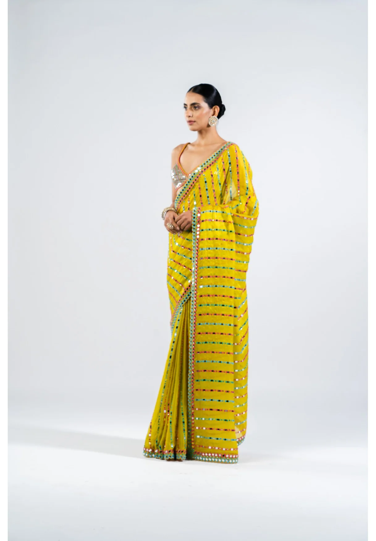 Moss Green Mirror Saree With Metallic Blouse - Image 3