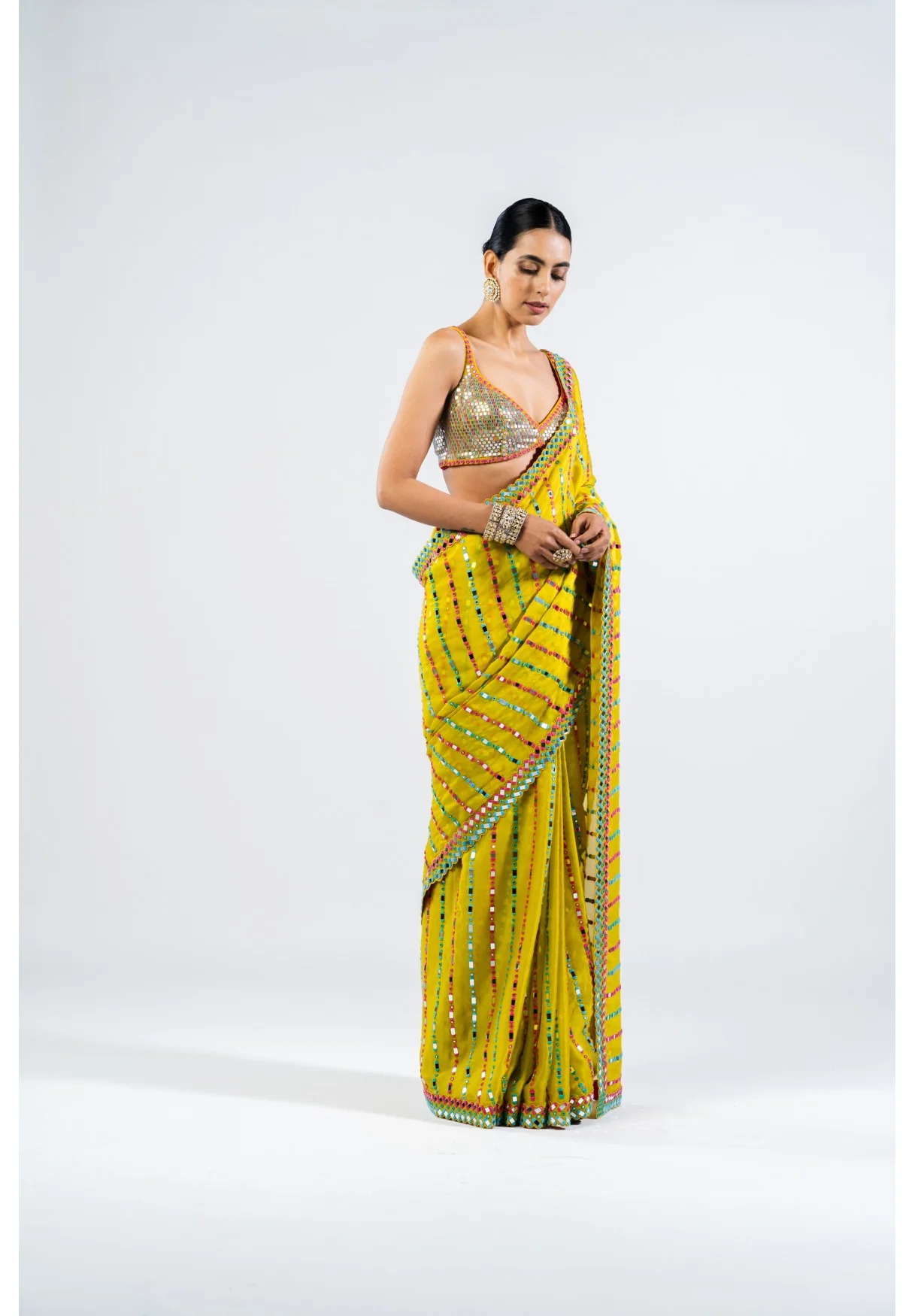 Moss Green Mirror Saree With Metallic Blouse - Image 4