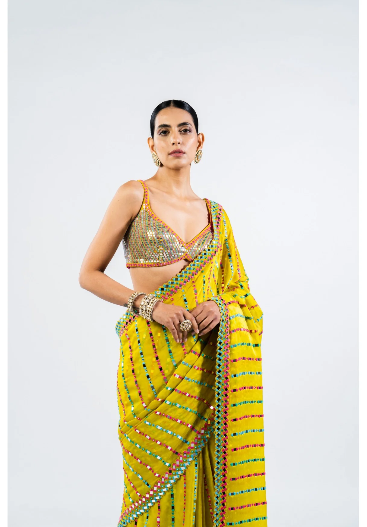 Moss Green Mirror Saree With Metallic Blouse - Image 5