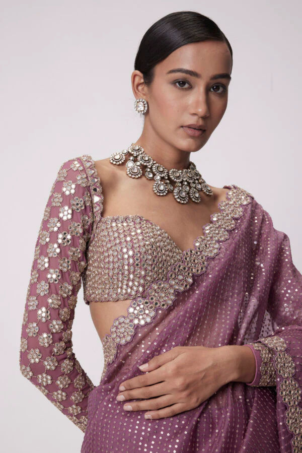 Mud Mauve Hand Embroidered Organza Saree Set - Image 2