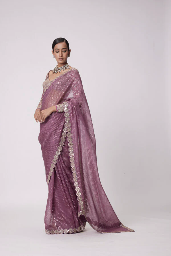 Mud Mauve Hand Embroidered Organza Saree Set - Image 3