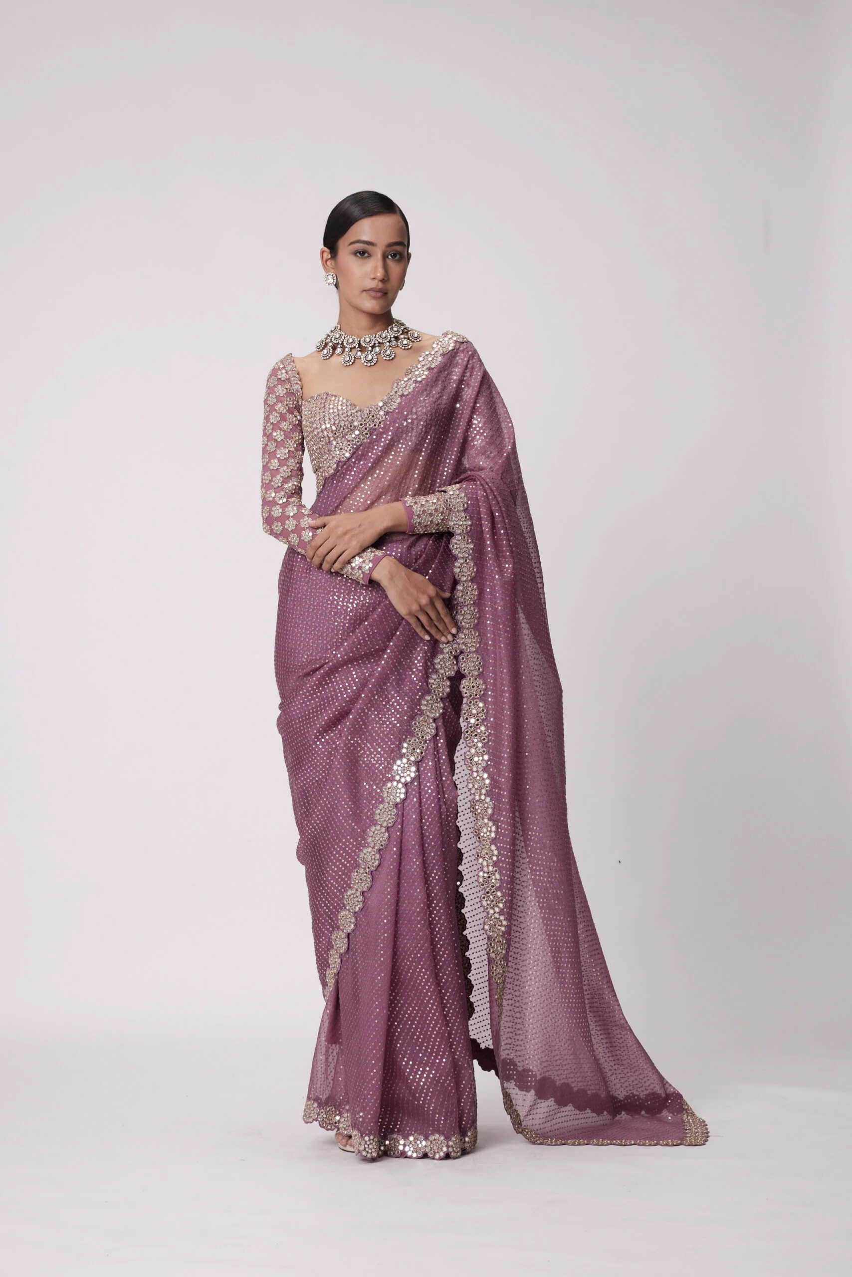Mud Mauve Hand Embroidered Organza Saree Set - Image 4
