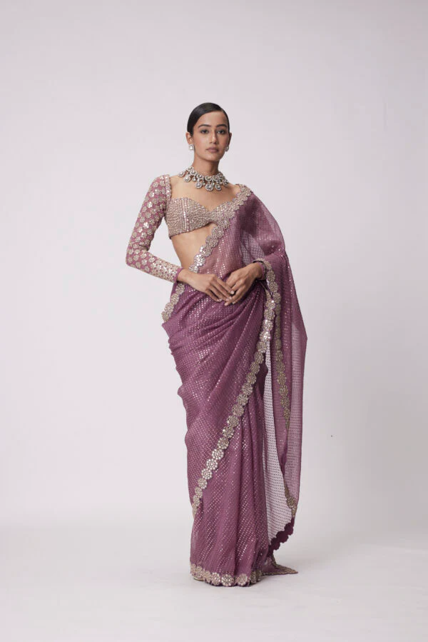 Mud Mauve Hand Embroidered Organza Saree Set - Image 5
