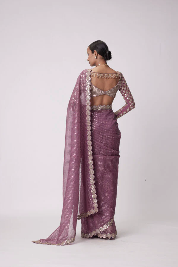 Mud Mauve Hand Embroidered Organza Saree Set - Image 6
