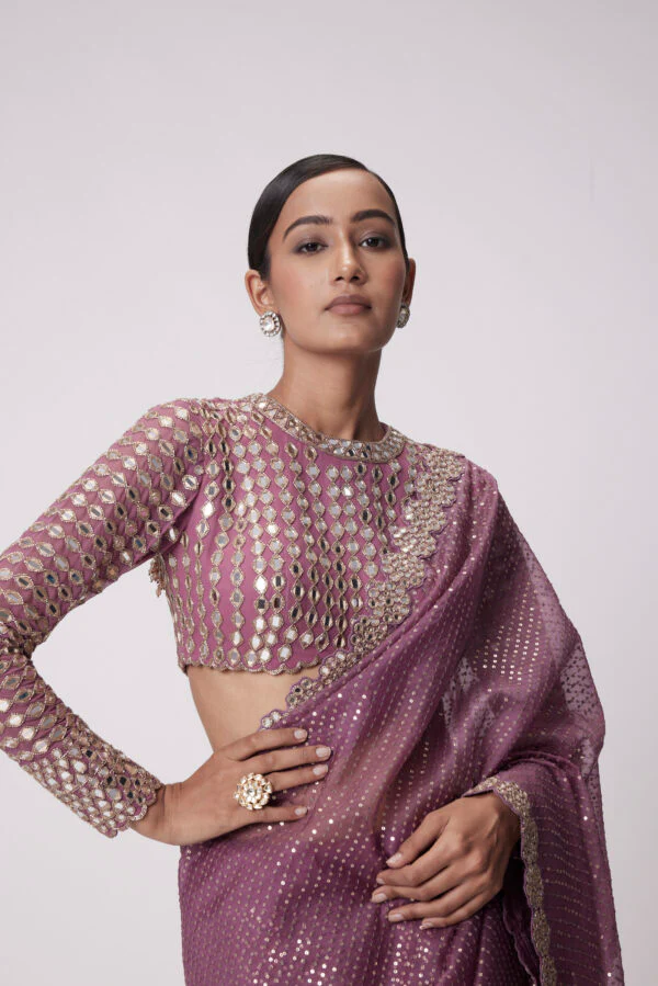 Mud Mauve Hand Embroidered Saree Set - Image 2