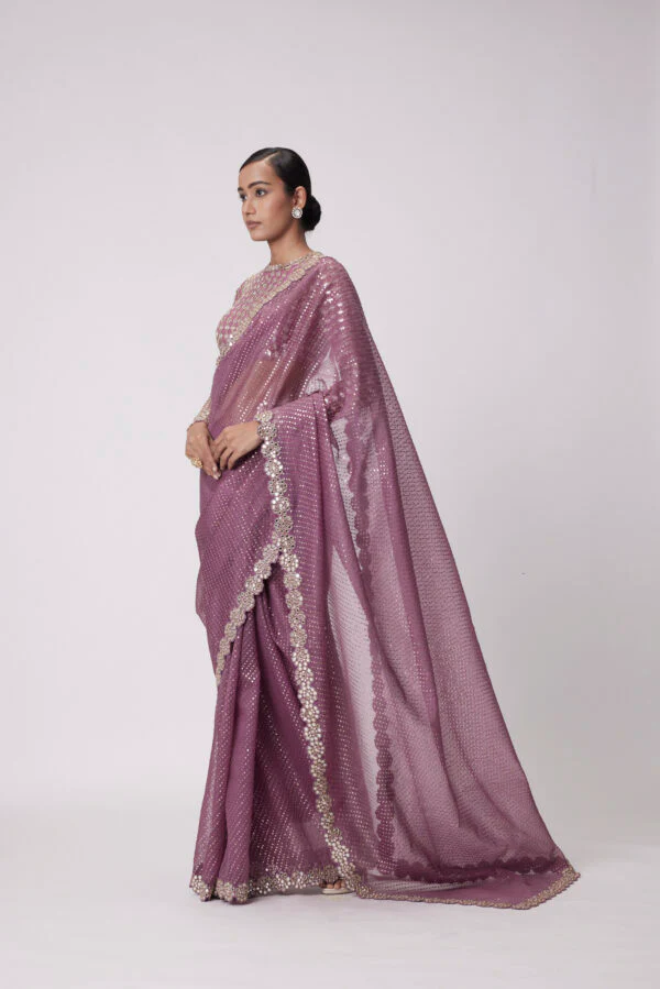 Mud Mauve Hand Embroidered Saree Set - Image 3