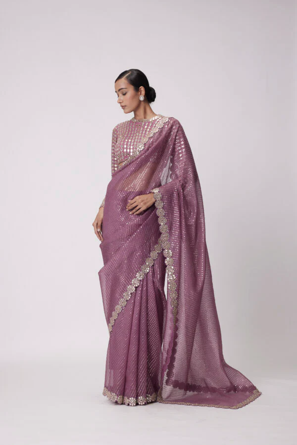 Mud Mauve Hand Embroidered Saree Set - Image 4