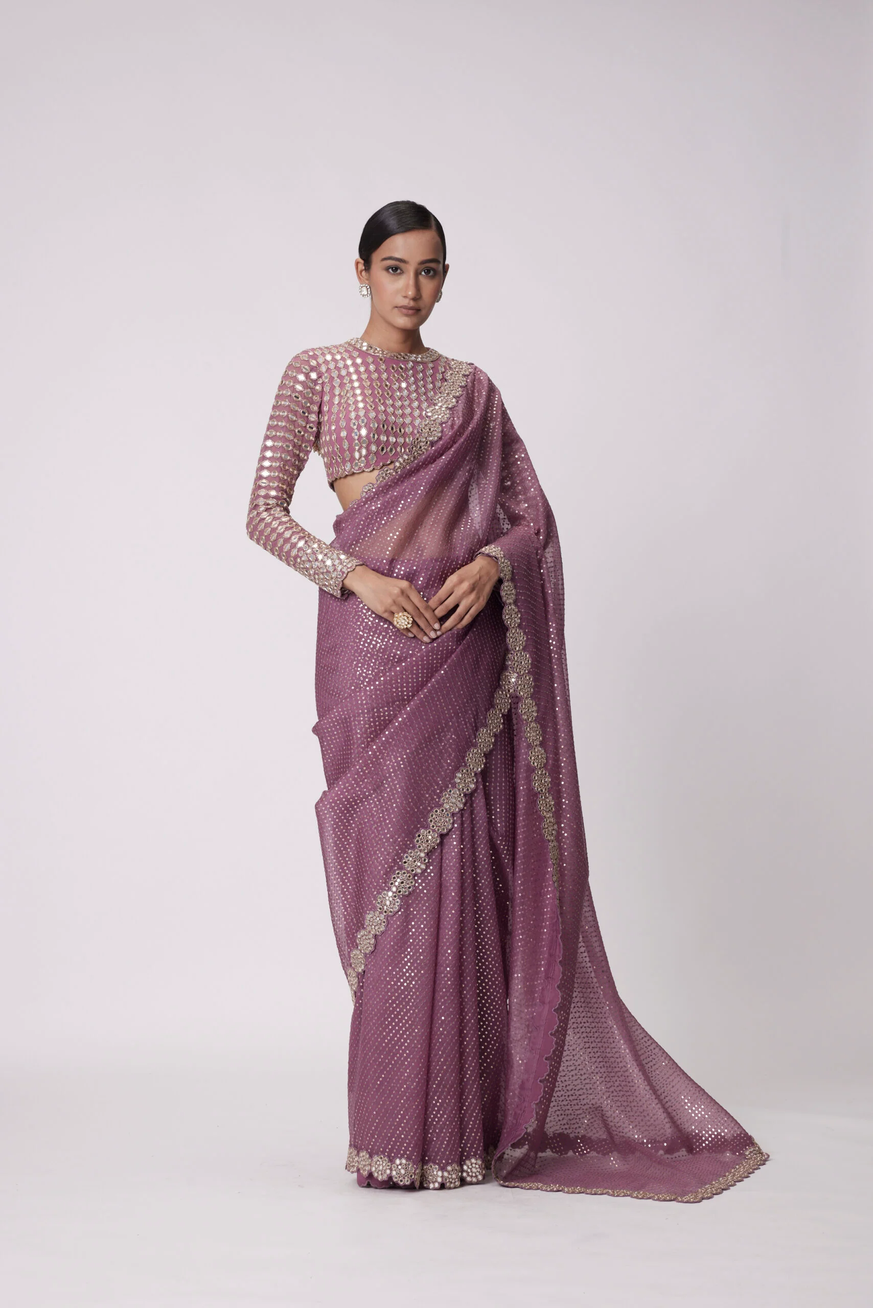 Mud Mauve Hand Embroidered Saree Set - Image 5