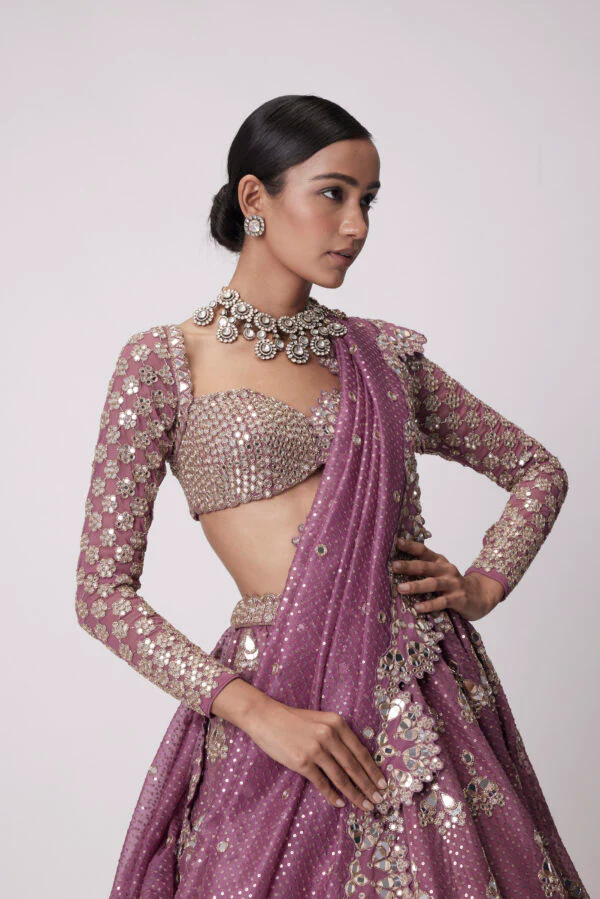 Mud Mauve Sequin And Flower Embroidered Lehenga Set - Image 2