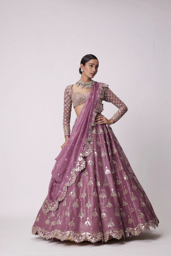 Mud Mauve Sequin And Flower Embroidered Lehenga Set - Image 3